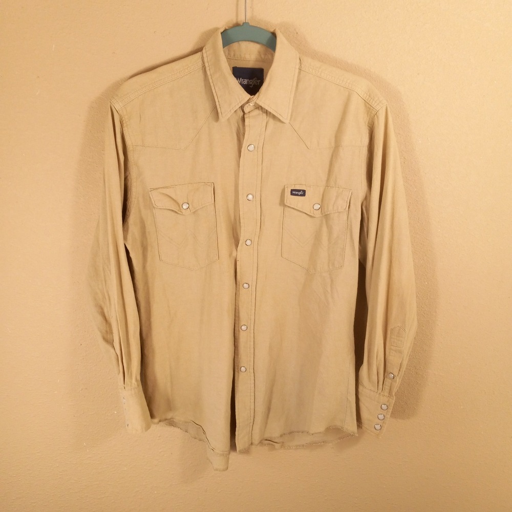 Wrangler Mens Vintage Western Pearl Snap Shirt Tan Khaki Sz S Long Sleeve Cowboy